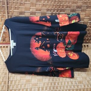 Seventh Avenue, Vintage Halloween Women's  Haunted House Pumpkins Shirt